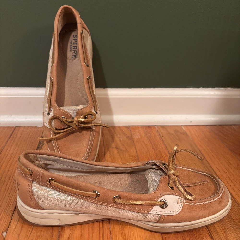 Sperry Angelfish Top Sider Boat Shoes - Womens 7.5 M - Tan Silver Leather Flats